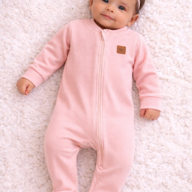 Macacão Malha Canelada c/ Zíper Rosa Bebê 62431RB